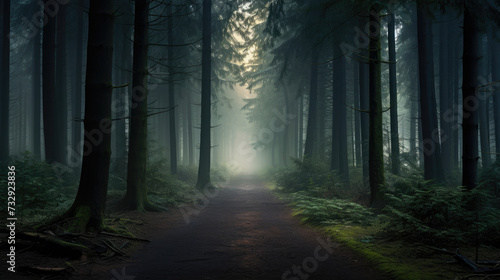 Tranquil Dusk in a Foggy, Enchanted Forest with Mysterious Path 