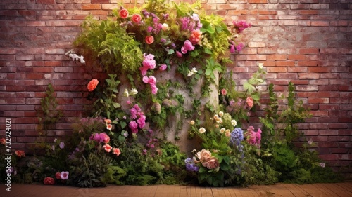  Floral Elegance: Wooden Floor and Brick Wall Floral Photo Backdrop  © hisilly
