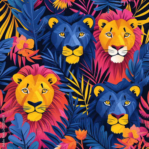 Lion line art pop art cartoon colorful repeat pattern, vibrant bright party funky kawaii © Roman
