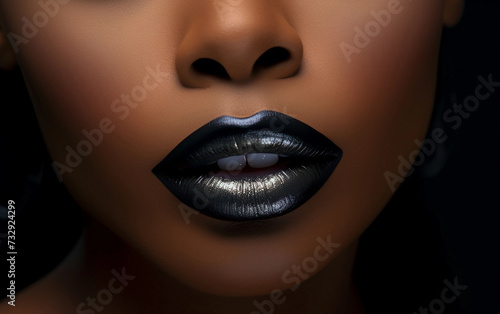 Black woman's lips with black shiny lipstick, close up. Lips makeup. Lipstick advertising