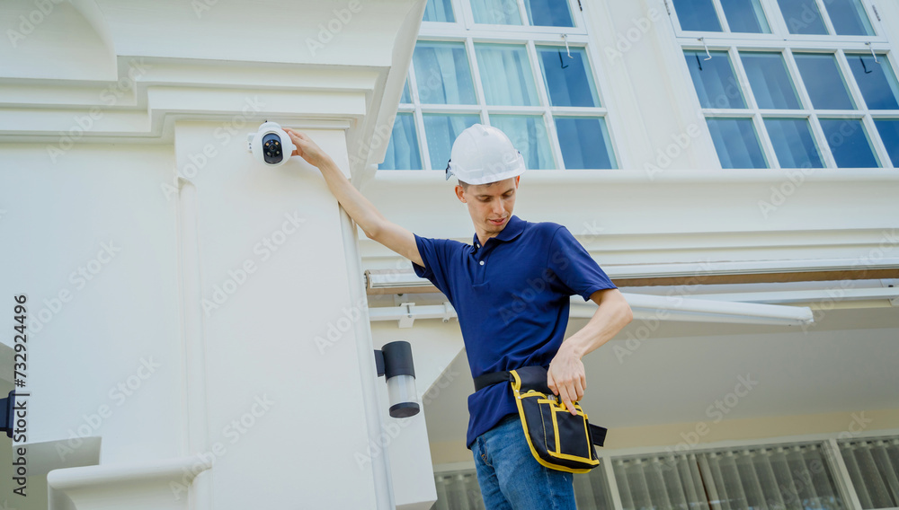 A technician installs a CCTV camera on the facade of a residential building.