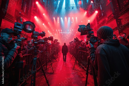 Celebrity walks the red carpet under the spotlight at night photo