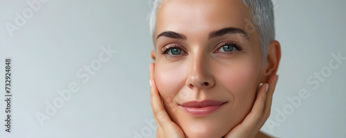 Beautiful woman with smooth healthy face skin. Gorgeous aging mature woman with short hair and happy smiling. Beauty and cosmetics skincare advertising concept
