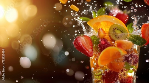 fresh fruits falling into cocktail glass, splashing - generative ai