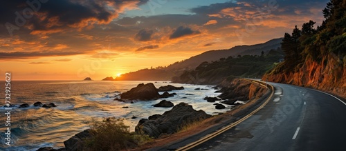 highway landscape at sunset, Beautiful seaside road view © MBRAMO