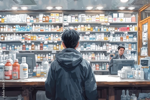 A customer in a gray jacket waits at a pharmacy counter, observing various medications displayed, with a pharmacist in the background.