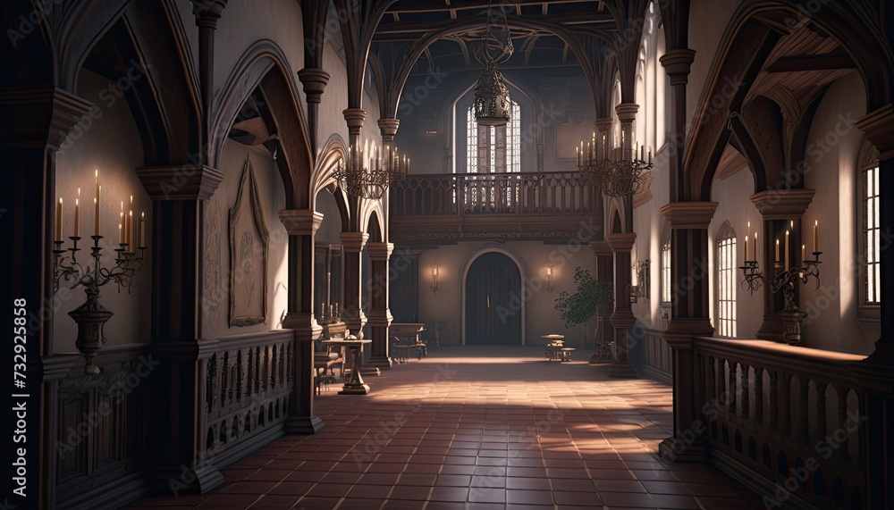 Fototapeta premium Large hall of medieval palace in gothic style.