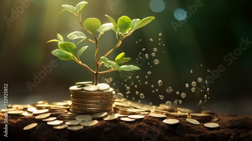 Investment concept, Coins with trees growing on the ground.