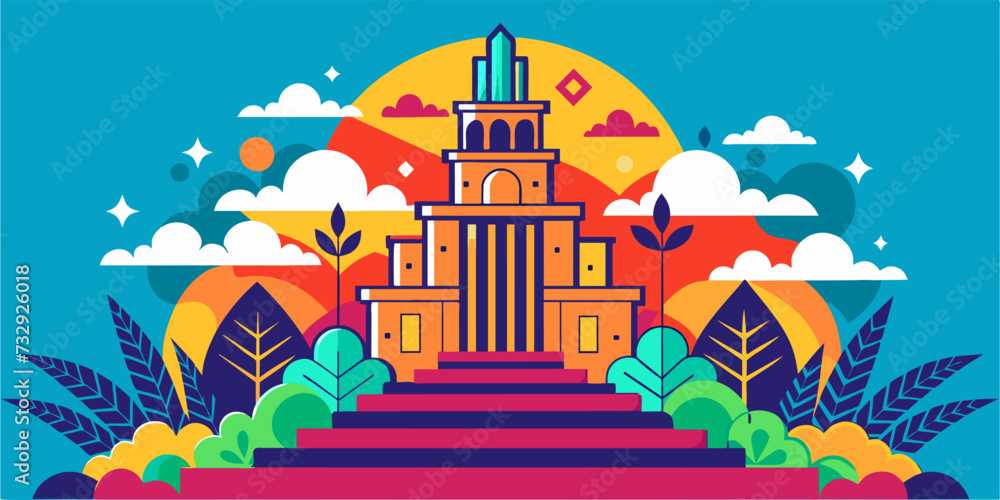 A vector illustration of a Colorful Sunset Behind a Majestic Temple Amidst Lush, Vibrant Nature