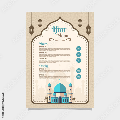 Islamic Iftar Menu Design Vector with Mosque Illustration