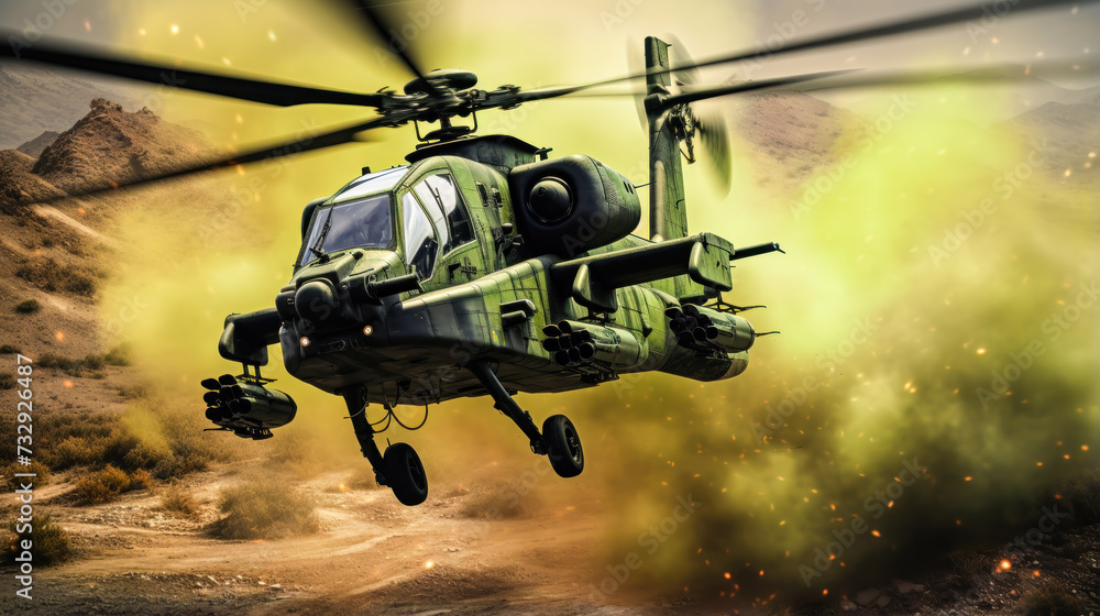 Combatcenario of a Light Green and Black Attack Helicopter Combatcenario of a Light Green and Black Attack Helicopter