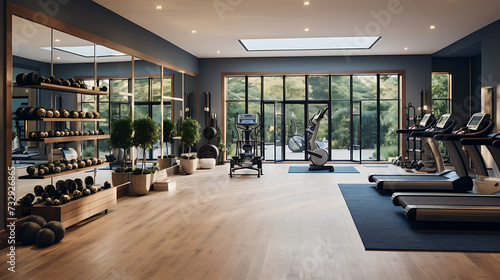 An image of a home gym with a wall of mirrors and glass doors.