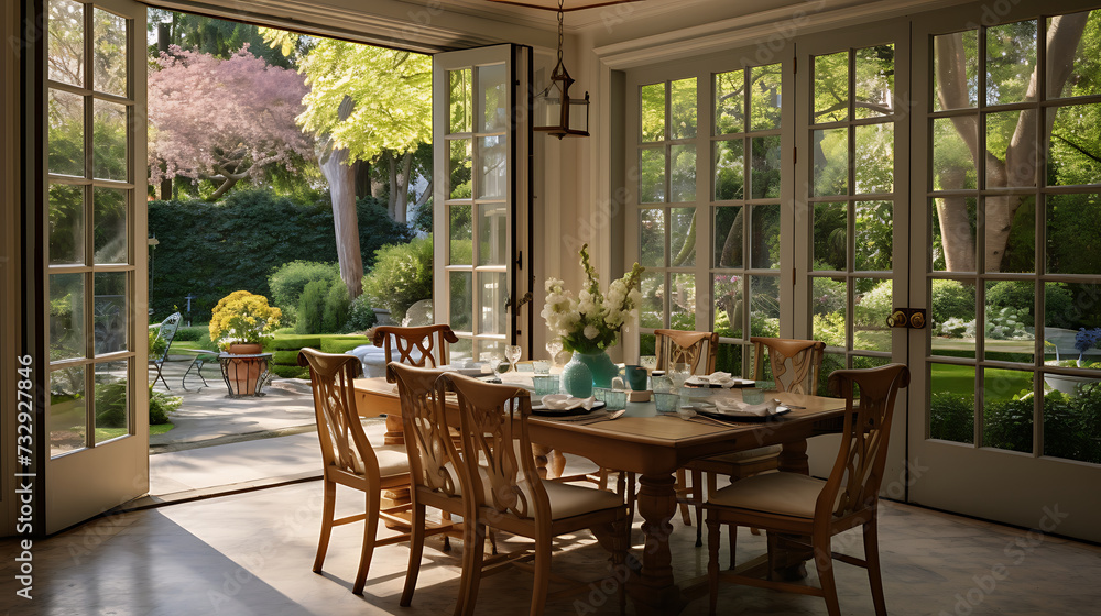 An image of a traditional dining room with French doors leading to a garden.