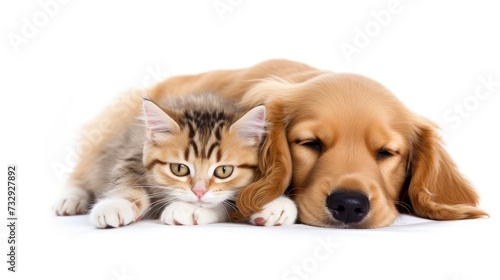 Cute kitty and puppy cuddling together isolated on white background, Generative Ai
