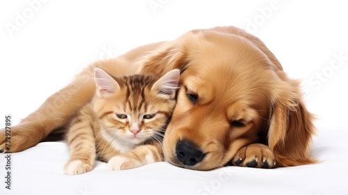 Cute kitty and puppy cuddling together isolated on white background, Generative Ai © Nisa