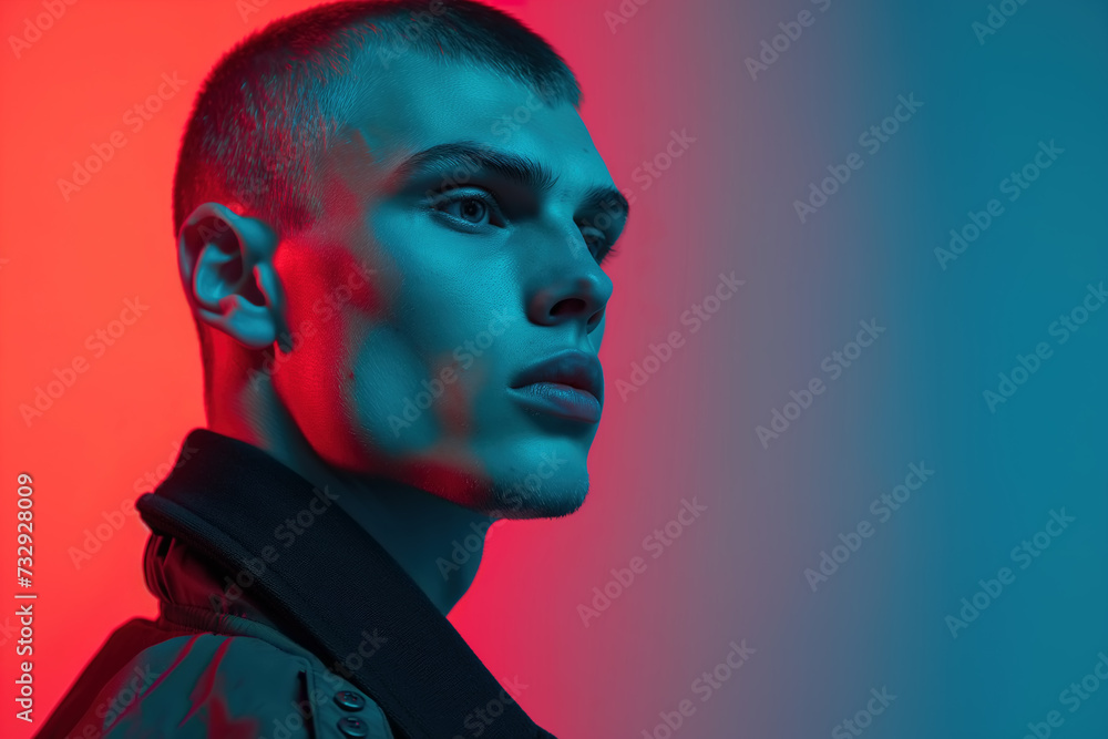 A sensual fashion portrait of a young man captured against a vibrant red and blue background copy space