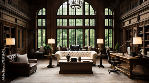 An image of a traditional office with wooden paneling and glass doors.