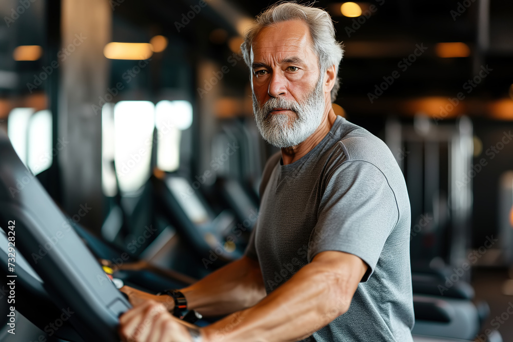 An active aging elderly man exercises on a treadmill at the gym An active aging elderly man exercises on a treadmill at the gym