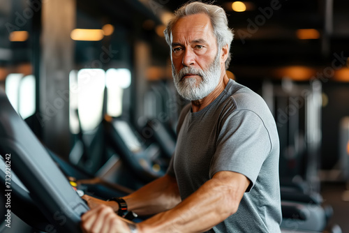 An active aging elderly man exercises on a treadmill at the gym