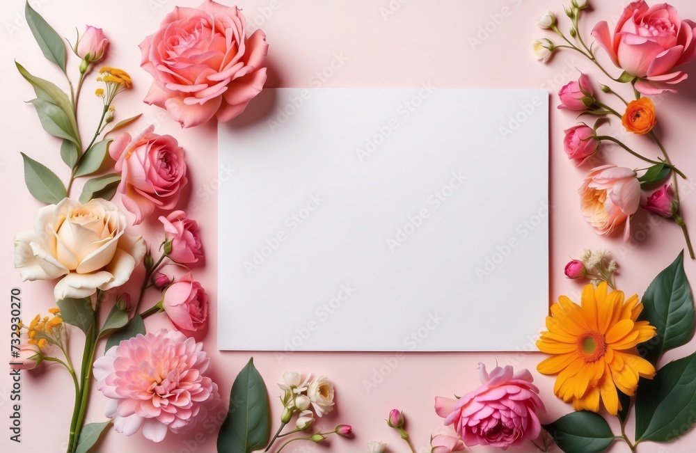 blank note paper on pink table with colourful floral border, flatlay mockup top view with copy space blank note paper on pink table with colourful floral border, flatlay mockup top view with copy space