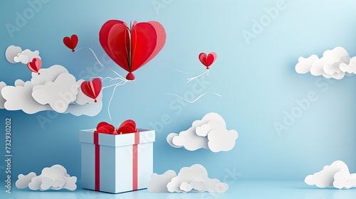 3D paper art and red balloon heart gift floating in the sky with cloudscape landscape .party,birthday,valentine concept