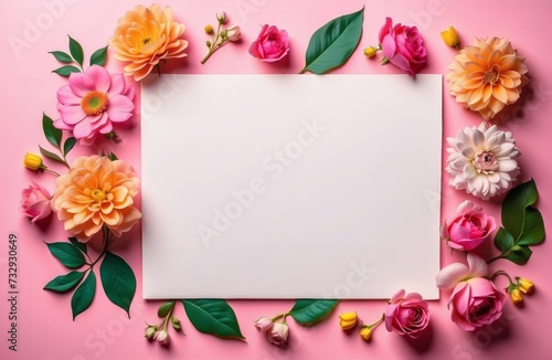 Wallpaper Mural blank note paper on pink table with colourful floral border, flatlay mockup top view with copy space Torontodigital.ca