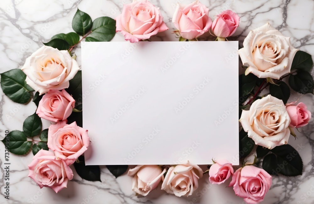 blank note paper on white marble table with pink roses border, flatlay mockup top view with copy space