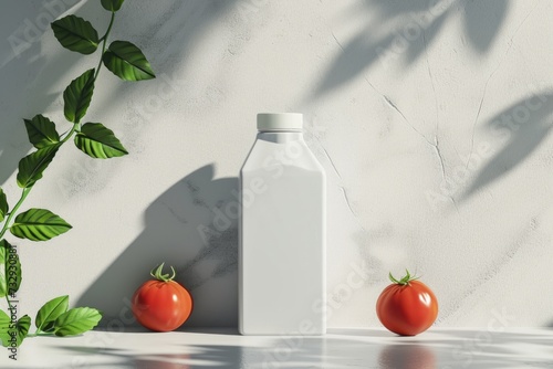 mockup white juice carton packaging, tomato and green leaves, 3d, minimalism. Healthy food. Marble light color background. photo