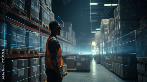 a factory warehouse worker standing among cardboard boxes © Sabana