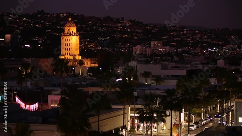 Night view of the historic Beverly Hills City Hall, built in 1932 in the California Churrigueresque architectural style in California, USA.