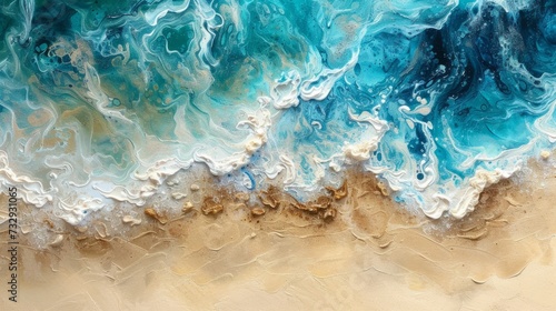 Top view on sea wave with white foam and light beige sand. Trendy painting  putty art.