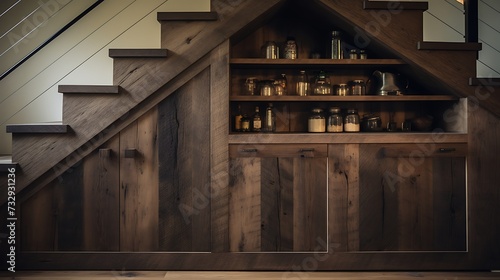 Reclaimed wood hidden storage cabinets under stairs with a rustic vibe
