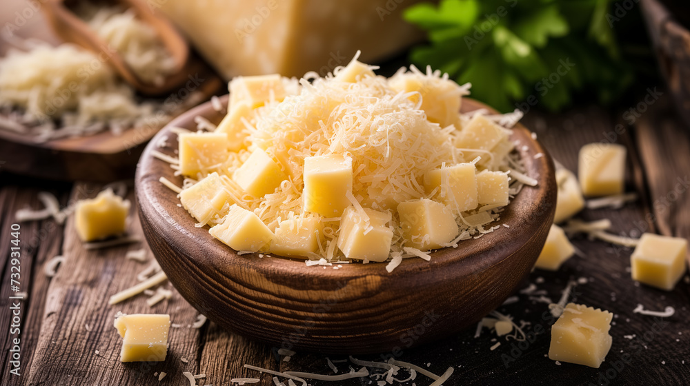 Grated cheese in a bowl on rustic wood.
