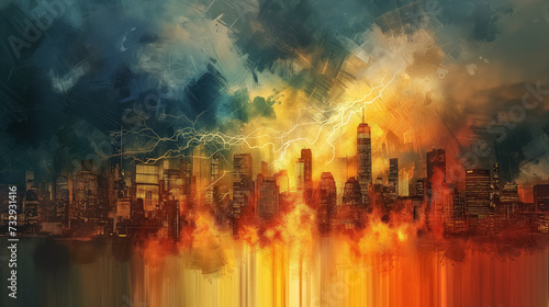 Fiery cityscape with stormy sky above.