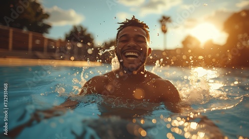 A man jumping into a pool with a splash, laughing with joy on a hot summer day © Pareshy