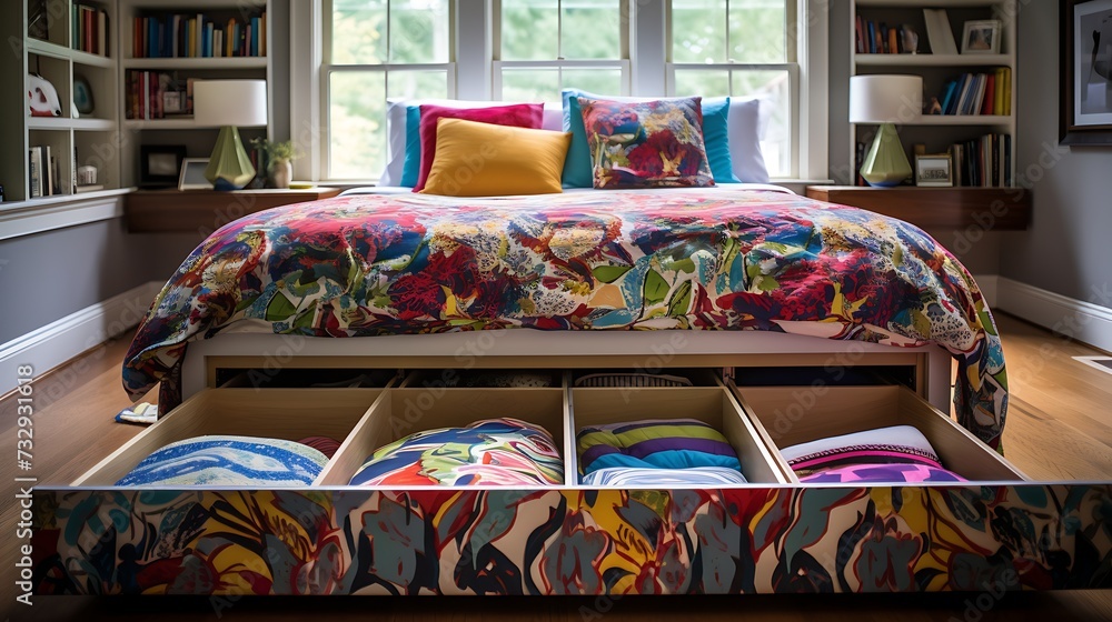 Picture showcasing a colorful, patterned bedspread draped over a bed with concealed storage drawers underneath - obrazy, fototapety, plakaty 