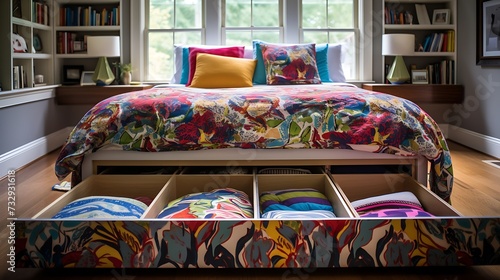 Picture showcasing a colorful, patterned bedspread draped over a bed with concealed storage drawers underneath