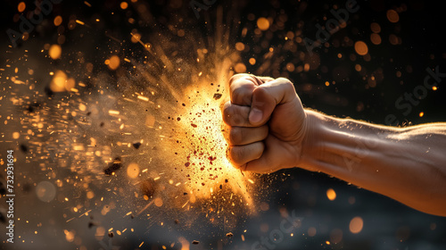 Fierce punch with explosive golden sparks. photo