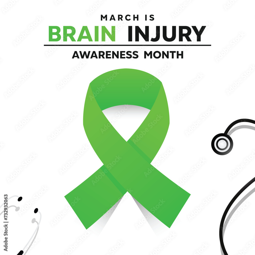Brain Injury Awareness Month. Green ribbon and stestoscope. Card, banner, social media, poster and more. Brain Injury Awareness Month. Green ribbon and stestoscope. Card, banner, social media, poster and more.