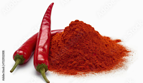 Red hot chili peppers and powder isolated on white background