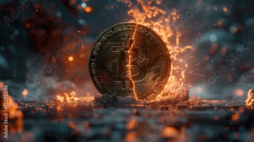 Bitcoin coin divided by a fiery crack on a reflective surface,  symbolizing the Bitcoin Halving Concept © olz