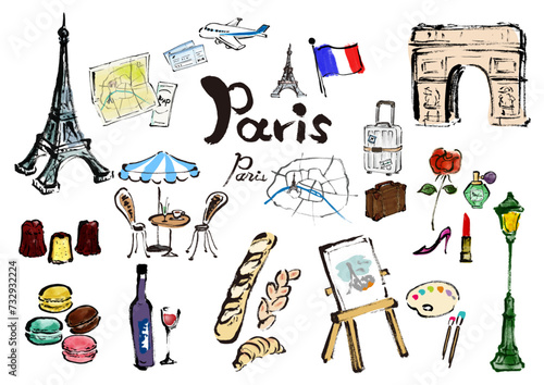 フランス、パリ観光旅行イラスト素材セット