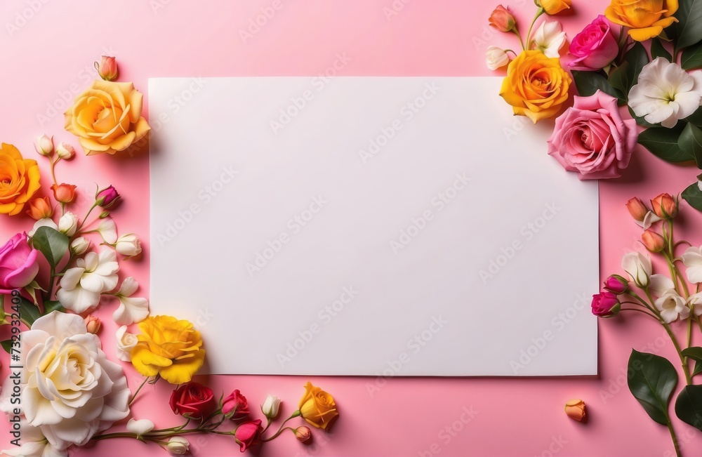 blank note paper on pink table with colourful roses border, flatlay mockup top view with copy space blank note paper on pink table with colourful roses border, flatlay mockup top view with copy space