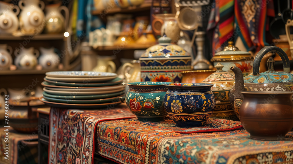 Traditional ceramics on an ornate tablecloth.