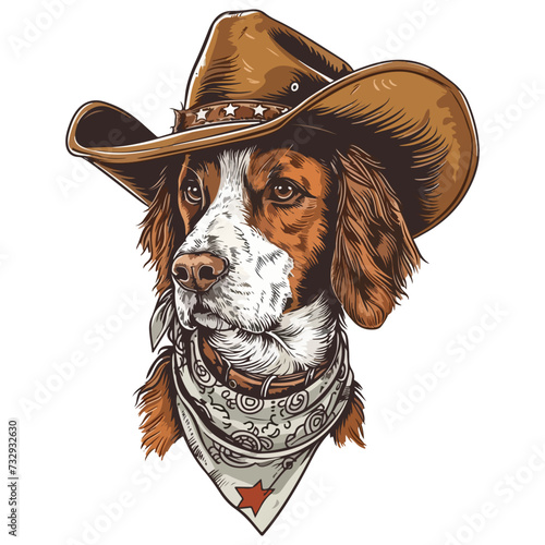 Brittany Spaniel Dog Head wearing cowboy hat and bandana around neck