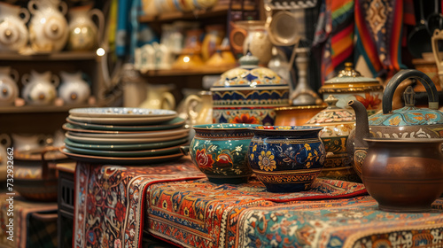 Traditional ceramics on an ornate tablecloth.