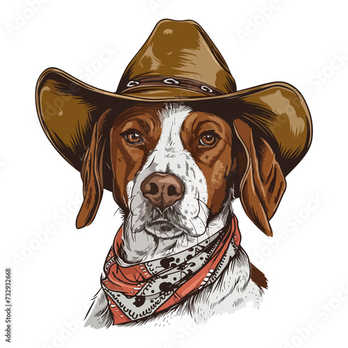 Brittany Spaniel Dog Head wearing cowboy hat and bandana around neck