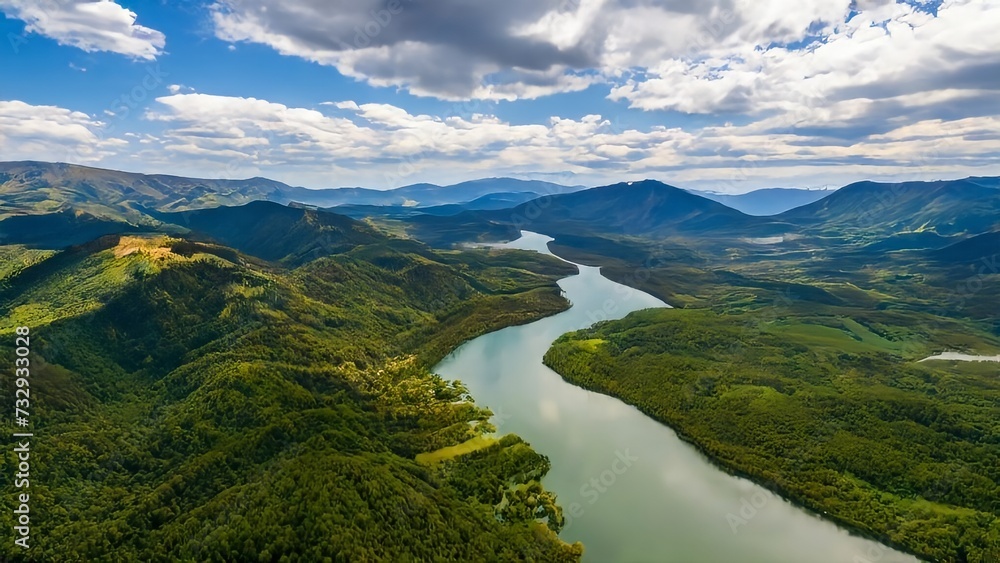 View of the river surrounded by lush greenery and mountains visible from above View of the river surrounded by lush greenery and mountains visible from above