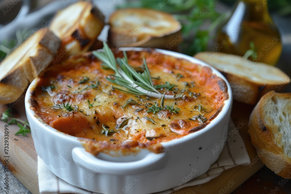 Baked tomato and cheese dip served with crispy garlic panini toast and herbs Baked tomato and cheese dip served with crispy garlic panini toast and herbs