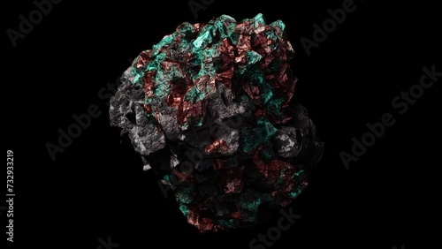 Realistic looping 3D animation of the spinning weathered aged dark stone or piece of ore with copper inclusions rendered in UHD with alpha matte photo